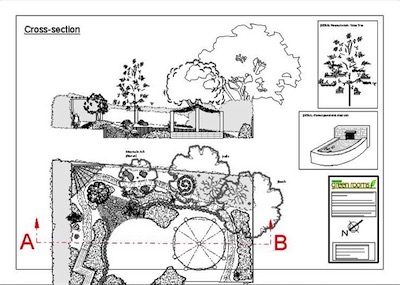 School faith and contemplation garden in Bolney, West Sussex designed with Autocad software. The design initially involved completion of a Concept Plan which the school children then worked with to help come up with ideas which were then incorporated into the final design